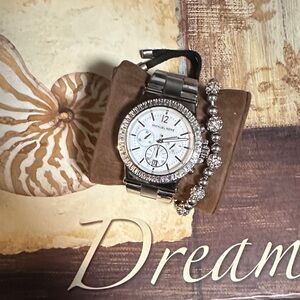 Michael Kors Silver and White Crystal-Trim Chronograph Watch